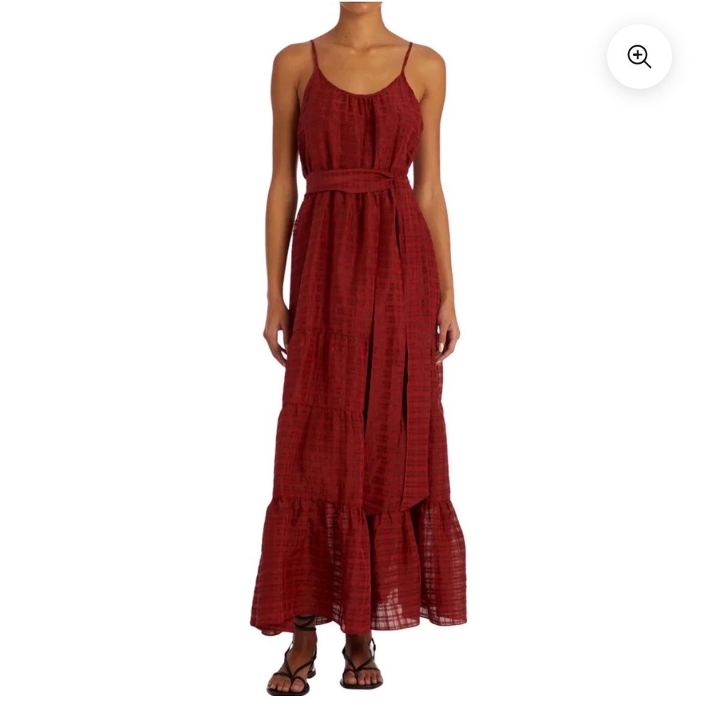 Marie Oliver Kinley Maxi Dress M Silk Linen Plaid Carmine Luxury Preppy Red Fall